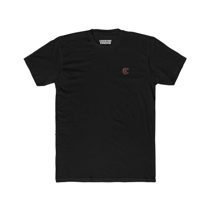 Men's t-shirt with graphic of bison, goat, and chicken on western landscape with scroll reading rooted in the west and CE logo #black