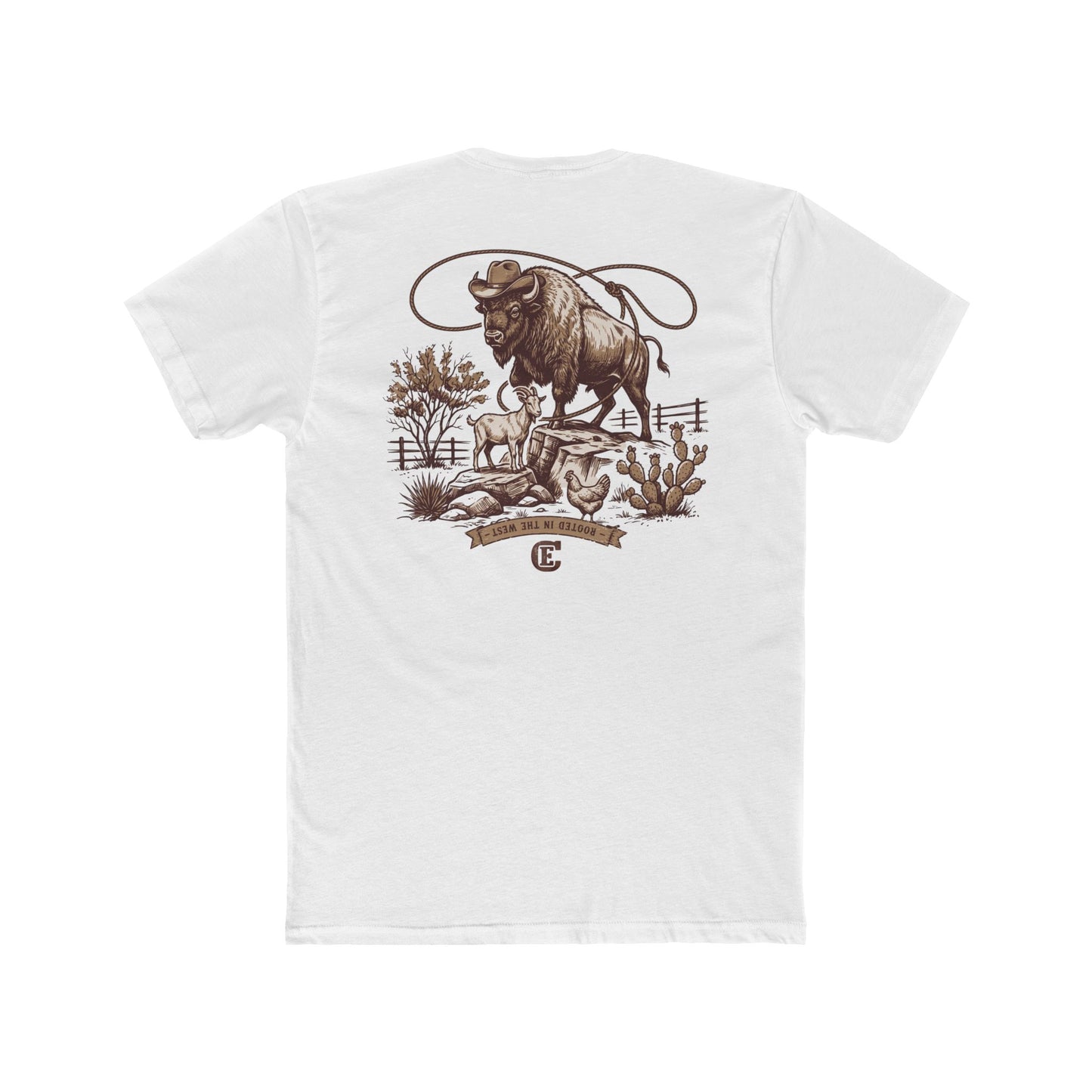 Men's t-shirt with graphic of bison, goat, and chicken on western landscape with scroll reading rooted in the west and CE logo #white