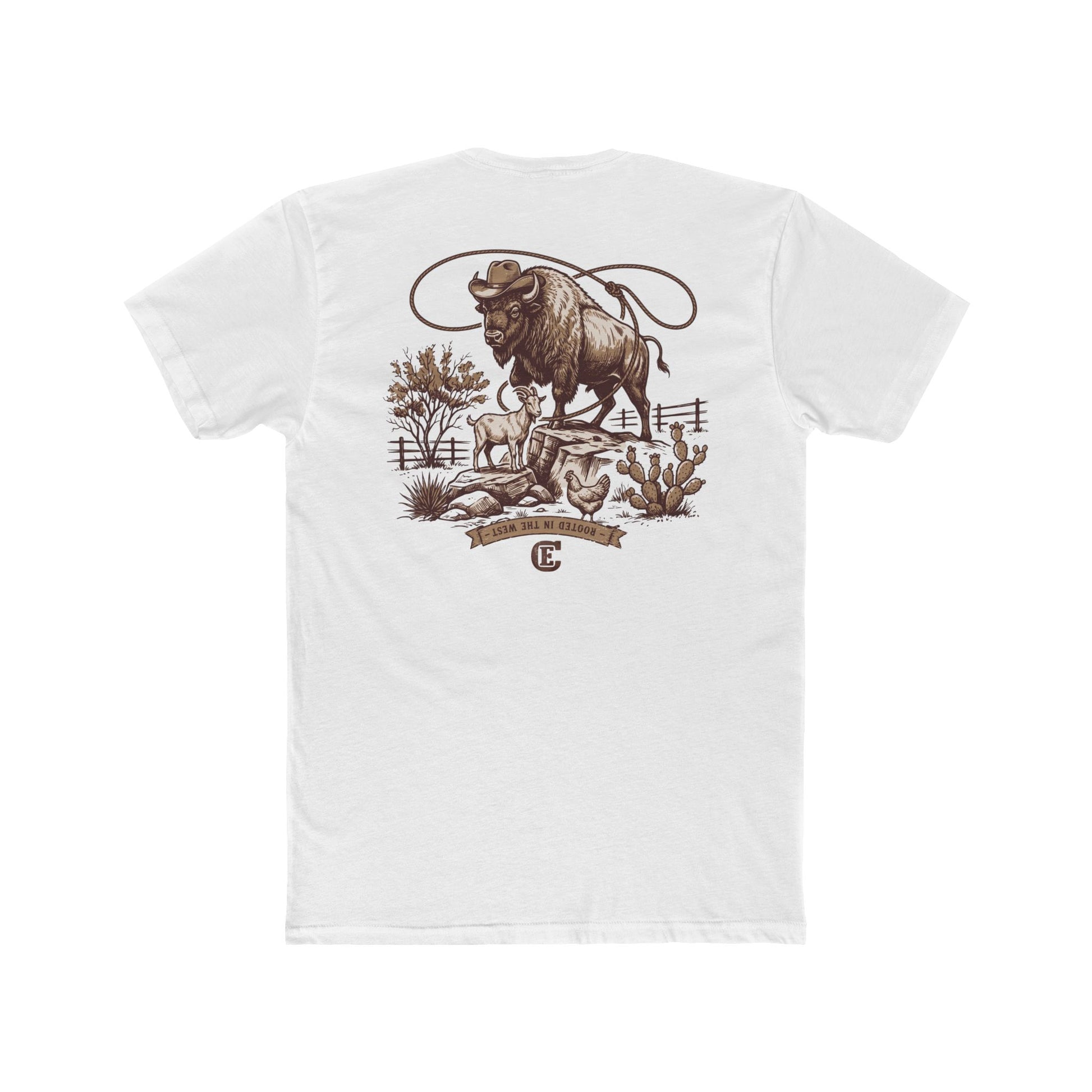 Men's t-shirt with graphic of bison, goat, and chicken on western landscape with scroll reading rooted in the west and CE logo #white