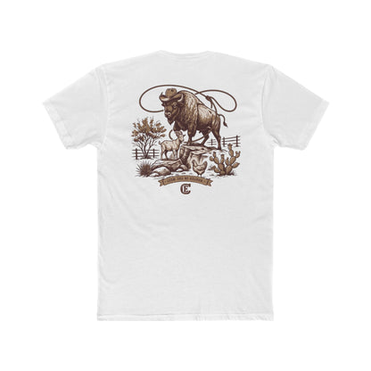 Men's t-shirt with graphic of bison, goat, and chicken on western landscape with scroll reading rooted in the west and CE logo #white