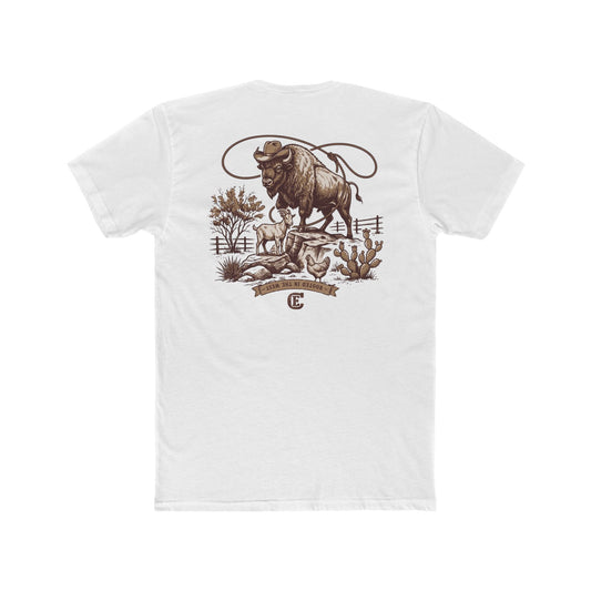 Men's t-shirt with graphic of bison, goat, and chicken on western landscape with scroll reading rooted in the west and CE logo #white