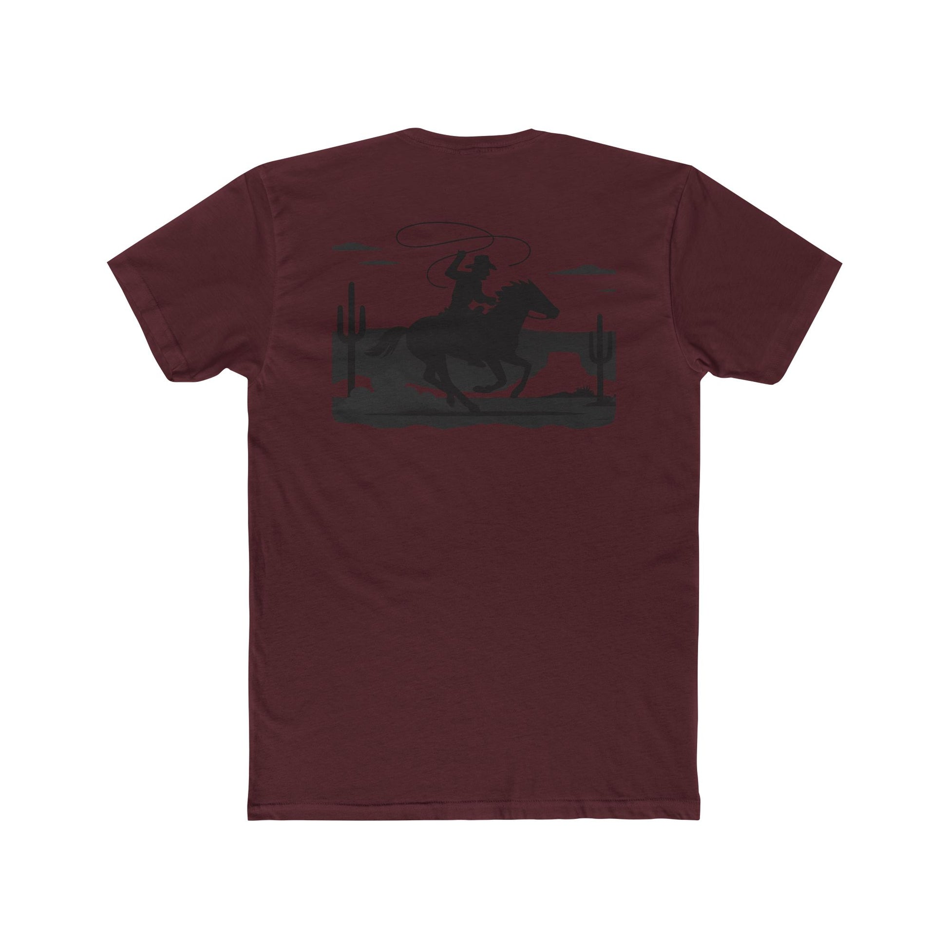 Maroon t-shirt with horse and rider swirling a lasso on desert landscape graphic #maroon