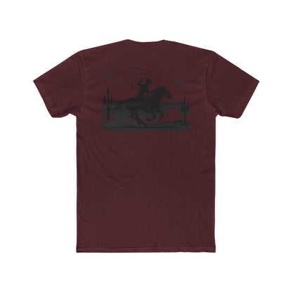 Maroon t-shirt with horse and rider swirling a lasso on desert landscape graphic #maroon