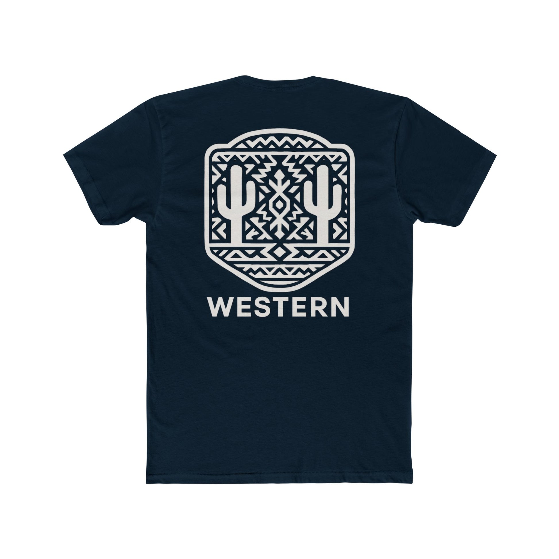 Midnight Navy t-shirt with aztec pattern and cacti inside a geometric border with word western across the bottom #midnightnavy