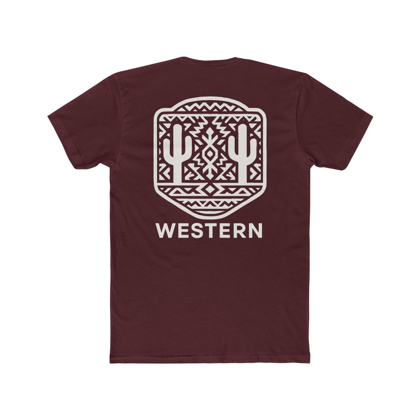 Maroon t-shirt with aztec pattern and cacti inside a geometric border with word western across the bottom #maroon