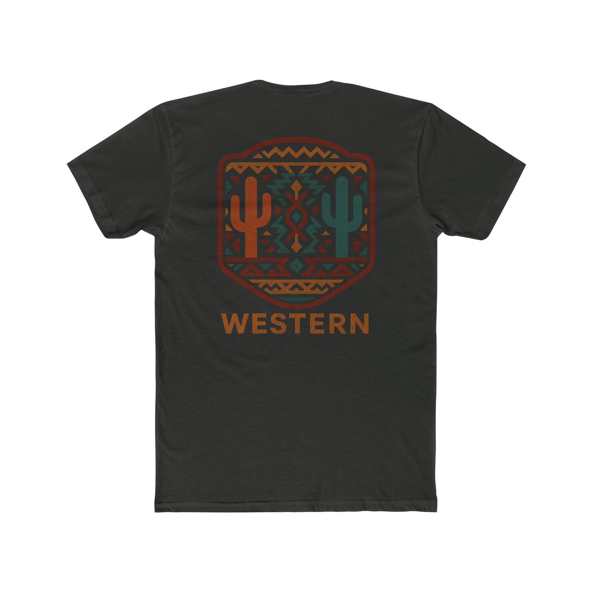 Vintage Black t-shirt with graphic of mirrored cacti surrounded by aztec pattern and enclosed in a geometric border with word western below #vintageblack