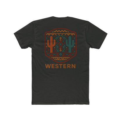 Vintage Black t-shirt with graphic of mirrored cacti surrounded by aztec pattern and enclosed in a geometric border with word western below #vintageblack