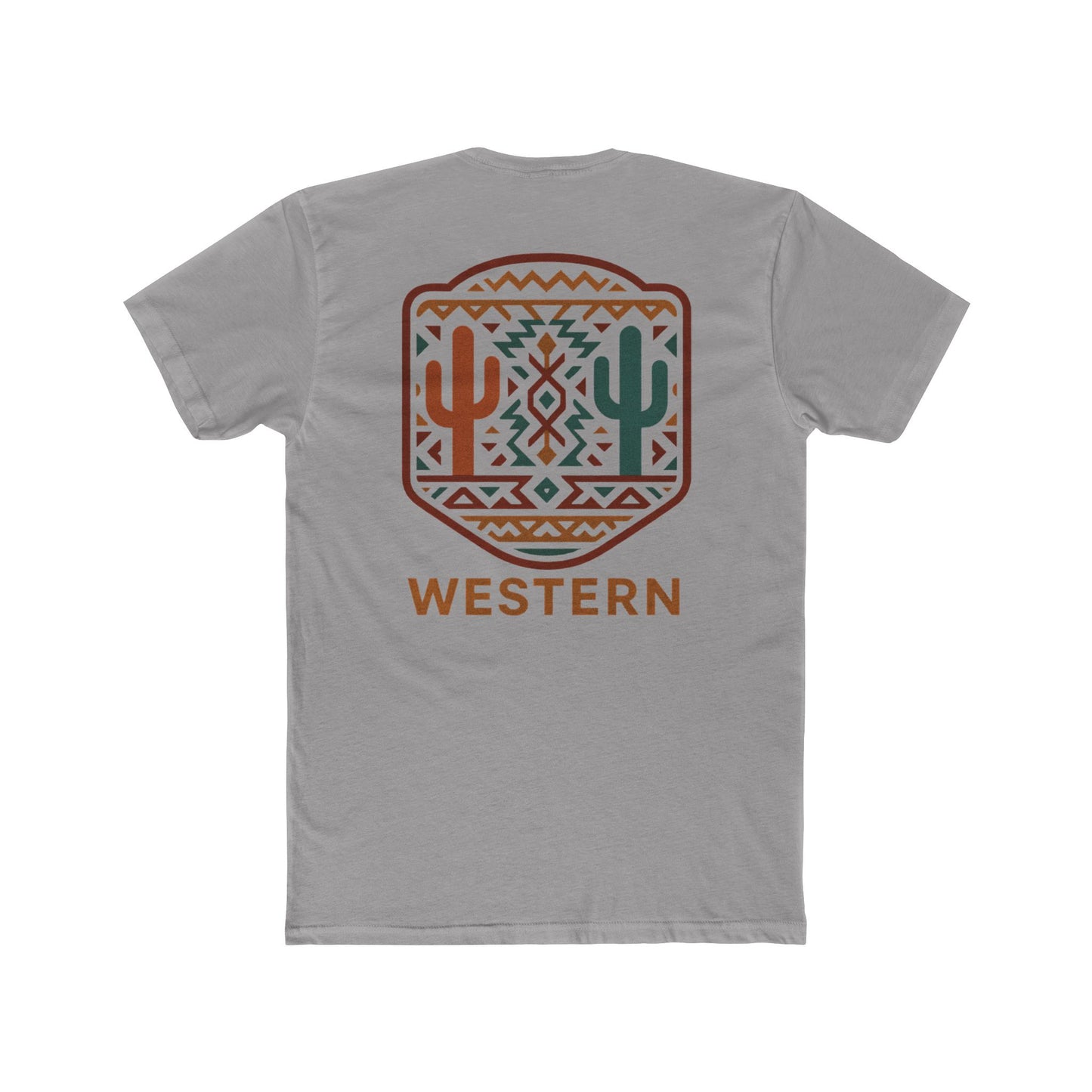 Gray t-shirt with graphic of mirrored cacti surrounded by aztec pattern and enclosed in a geometric border with word western below #gray