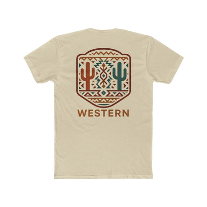 Cream t-shirt with graphic of mirrored cacti surrounded by aztec pattern and enclosed in a geometric border with word western below #cream