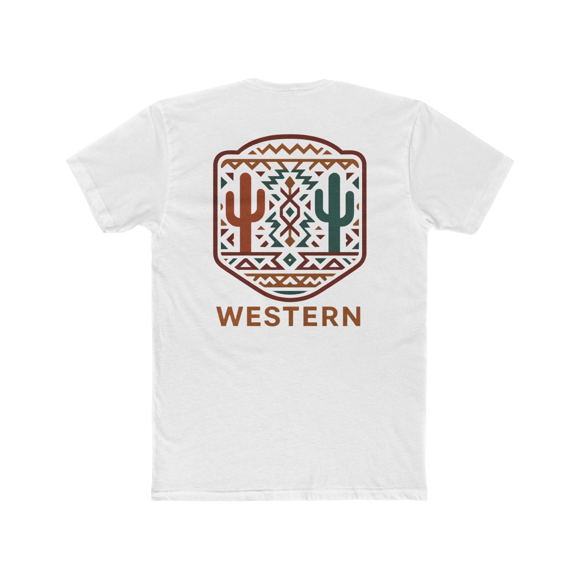 White t-shirt with graphic of mirrored cacti surrounded by aztec pattern and enclosed in a geometric border with word western below #white