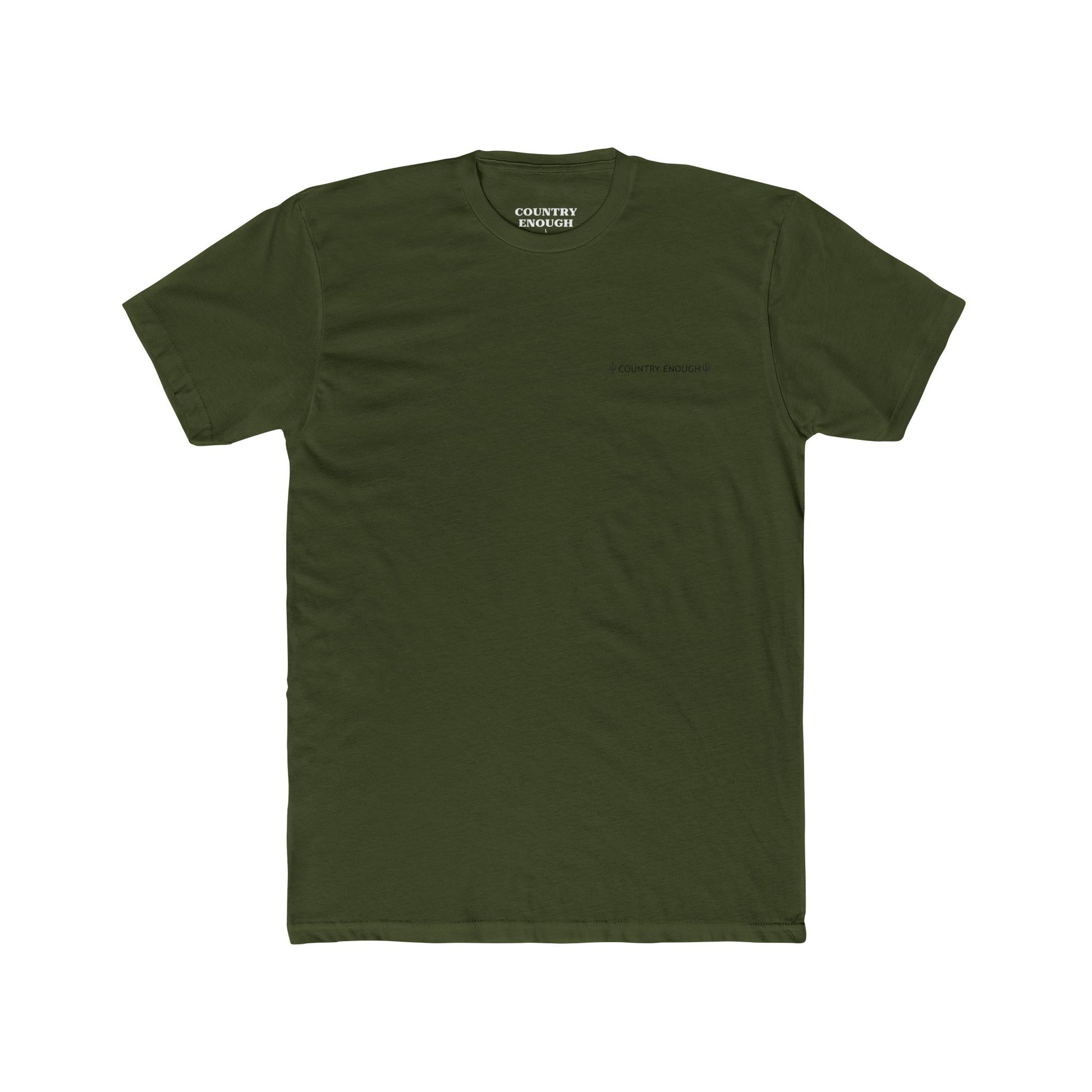 Military Green t-shirt with graphic of a line mountain drawing, cacti and the words Country Enough #militarygreen