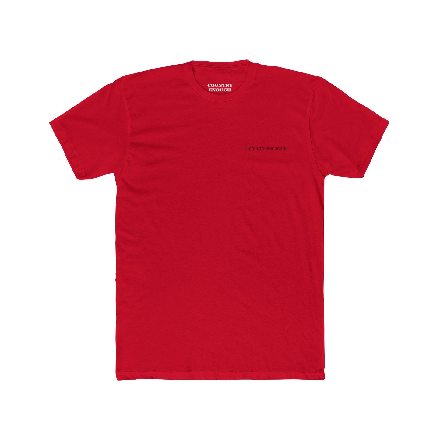 Red t-shirt with graphic of a line mountain drawing, cacti and the words Country Enough #red
