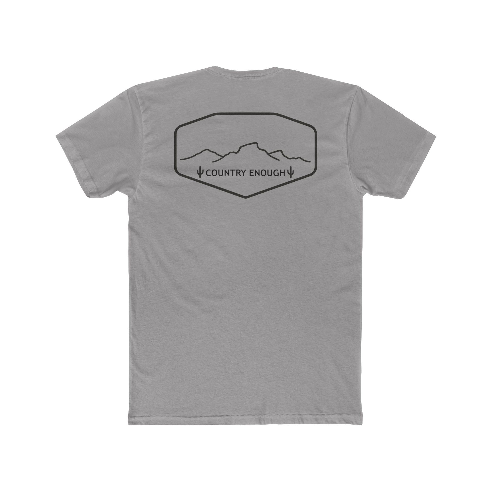 Gray t-shirt with graphic of a line mountain drawing, cacti and the words Country Enough #gray