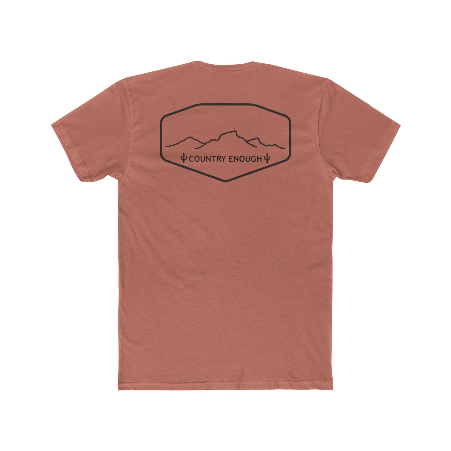Desert Pink t-shirt with graphic of a line mountain drawing, cacti and the words Country Enough #desertpink