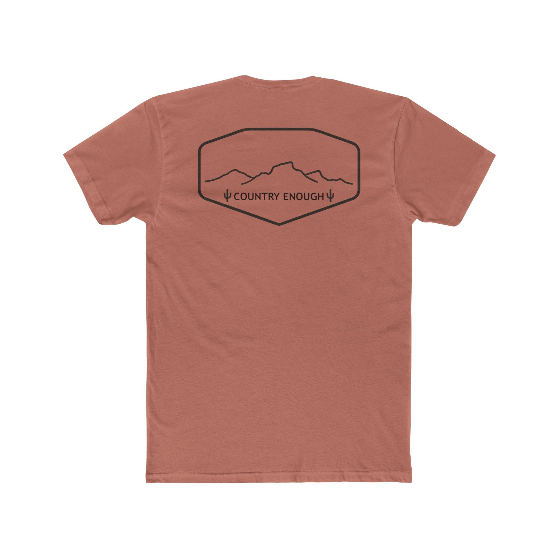 Desert Pink t-shirt with graphic of a line mountain drawing, cacti and the words Country Enough #desertpink