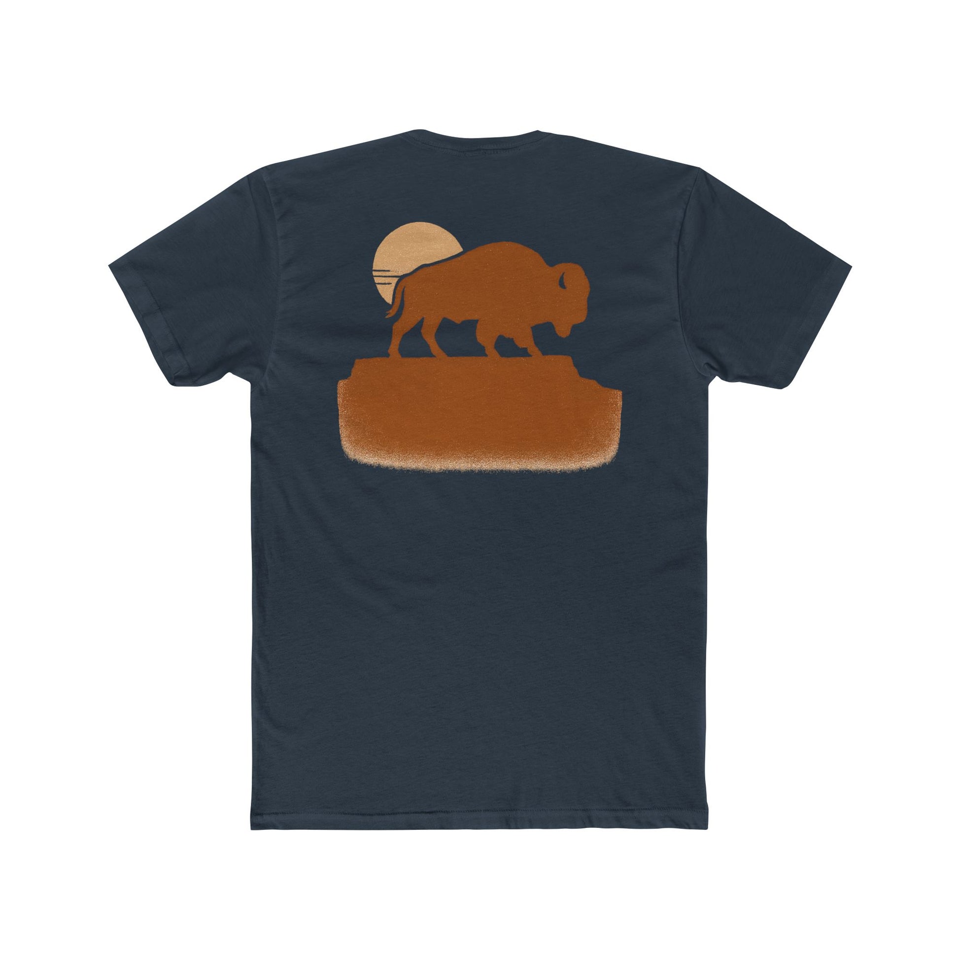 Indigo t-shirt with graphic of bison atop a plateau and the sun behind #indigo