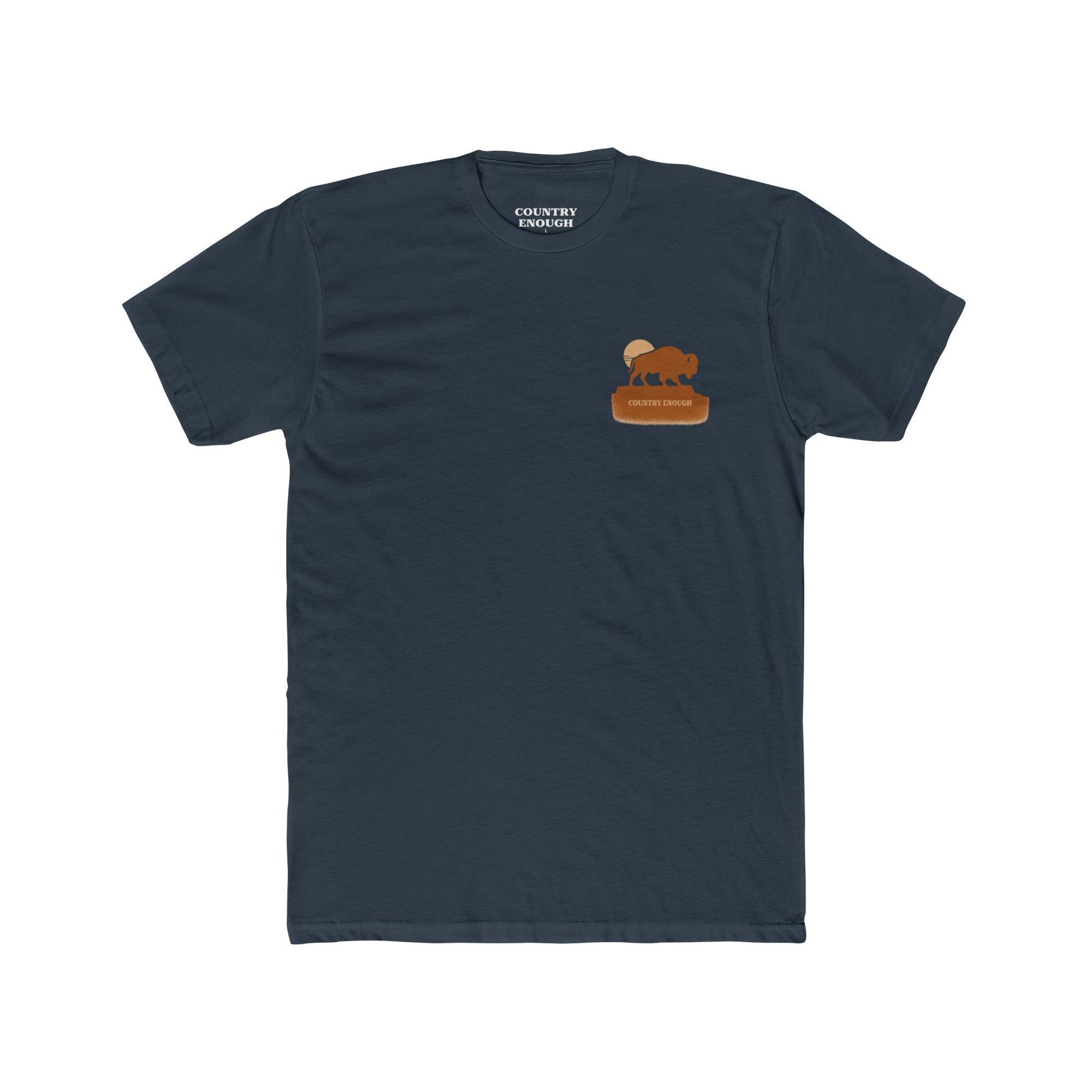 Indigo t-shirt with graphic of bison atop a plateau and the sun behind #indigo