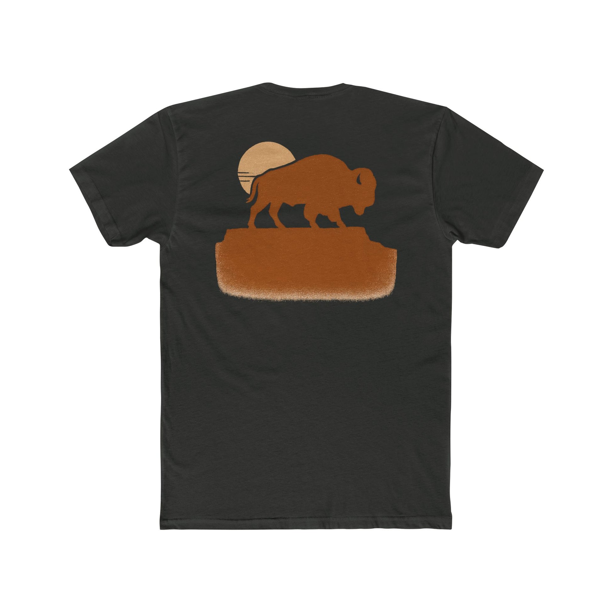 Vintage Black t-shirt with graphic of bison atop a plateau and the sun behind #vintageblack