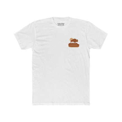 White t-shirt with graphic of bison atop a plateau and the sun behind #white