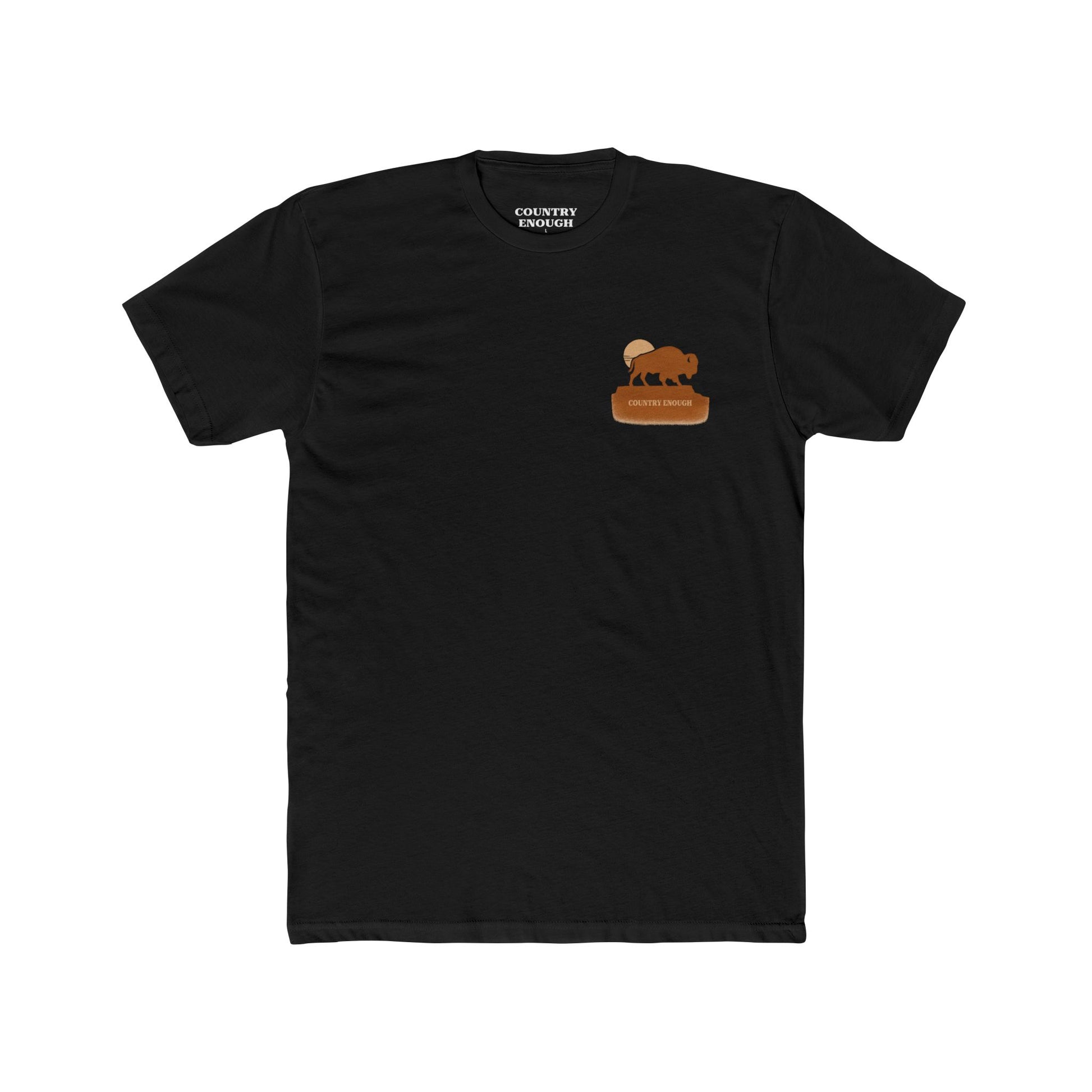 Black t-shirt with graphic of bison atop a plateau and the sun behind #black