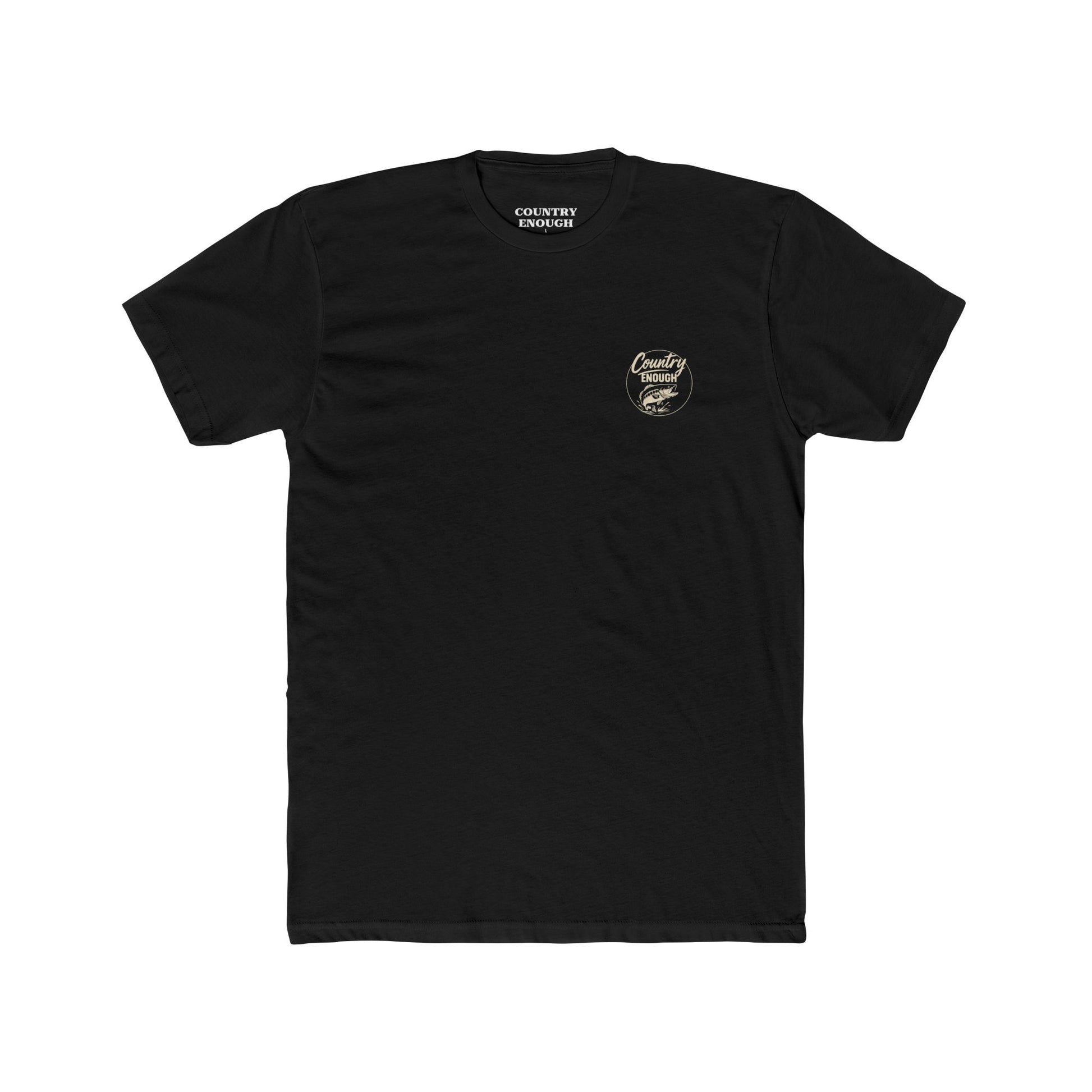 Black t-shirt with graphic of a leaping bass and the words country enough #black