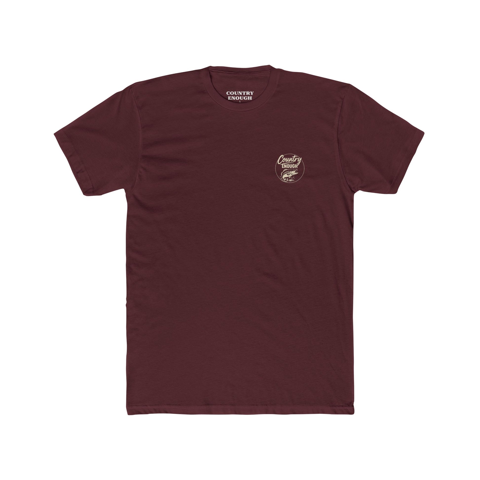 Maroon t-shirt with graphic of a leaping bass and the words country enough #maroon