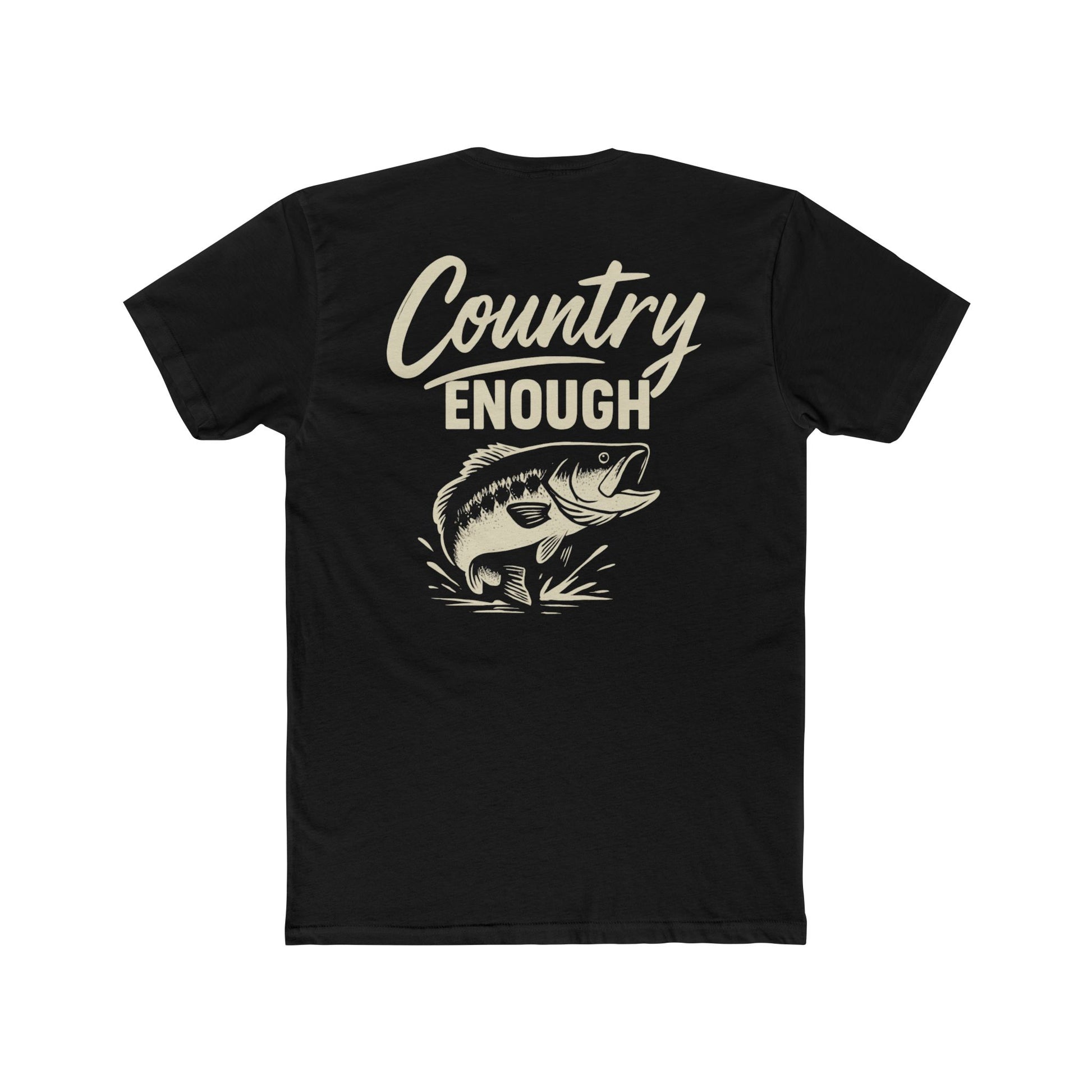 Black t-shirt with graphic of a leaping bass and the words country enough #black