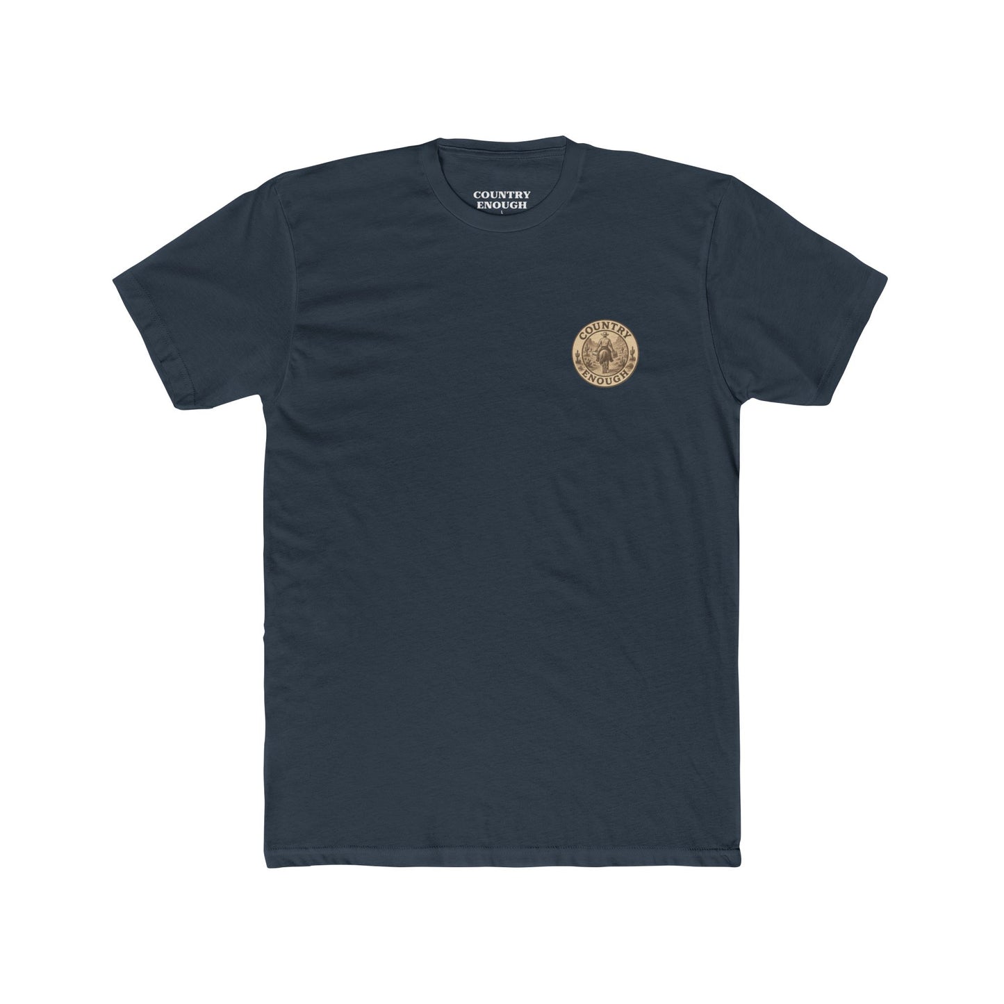 Indigo t-shirt with graphic of cowboy riding a horse through the desert holding two twelve packs of beer #indigo