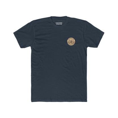 Indigo t-shirt with graphic of cowboy riding a horse through the desert holding two twelve packs of beer #indigo