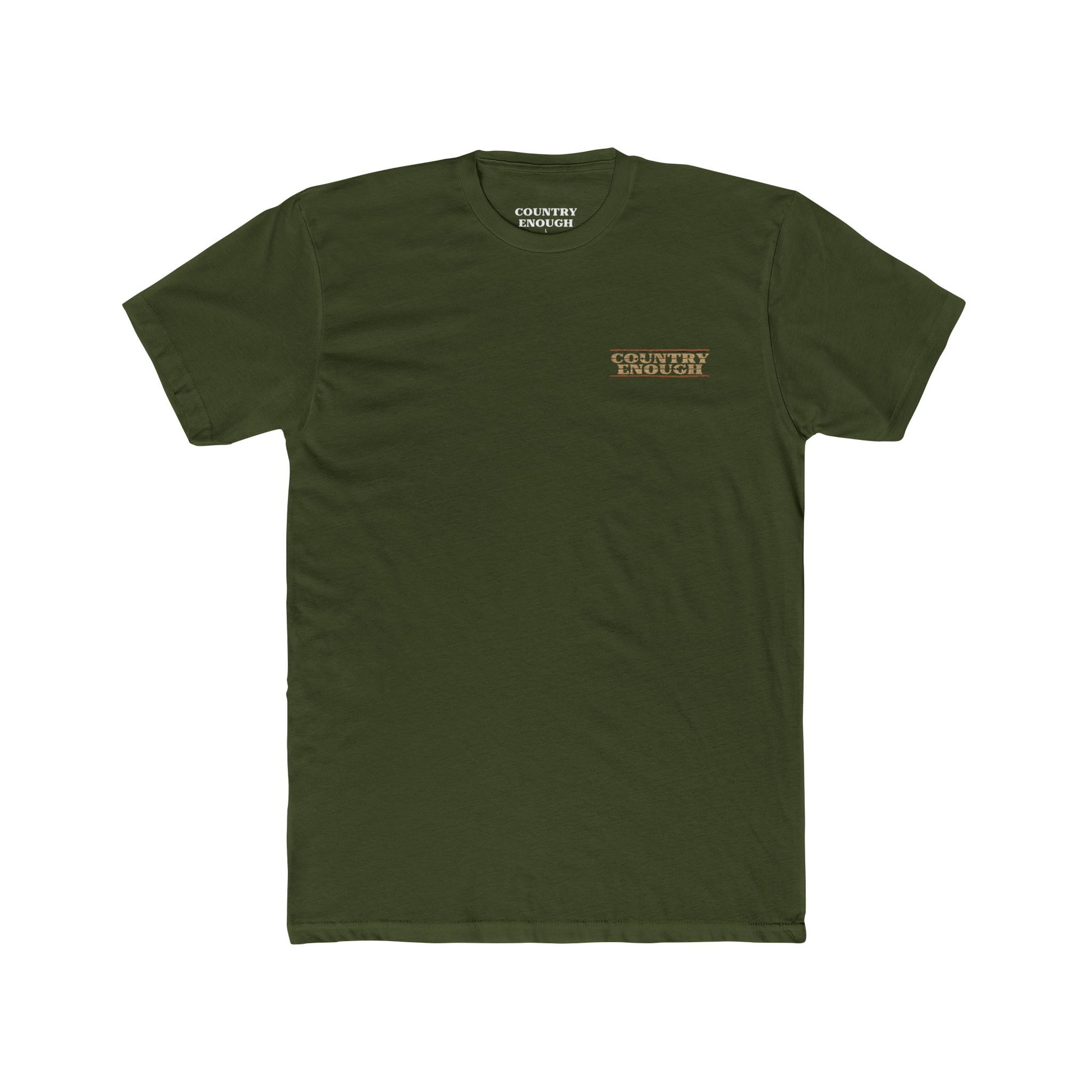 Military Green t-shirt with longhorn skull, aztec print, desert landscape, cacti, and cowboy silhouette with word Western across the top #militarygreen