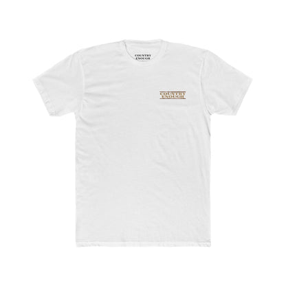 White t-shirt with longhorn skull, aztec print, desert landscape, cacti, and cowboy silhouette with word Western across the top #white