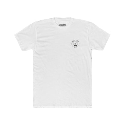 White t-shirt with graphic of mountains, cacti, and moon and star over a desert landscape with words country enough #white