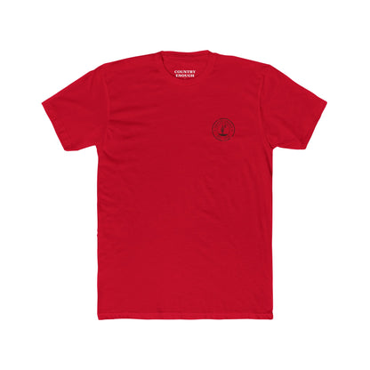 Red t-shirt with graphic of mountains, cacti, and moon and star over a desert landscape with words country enough #red