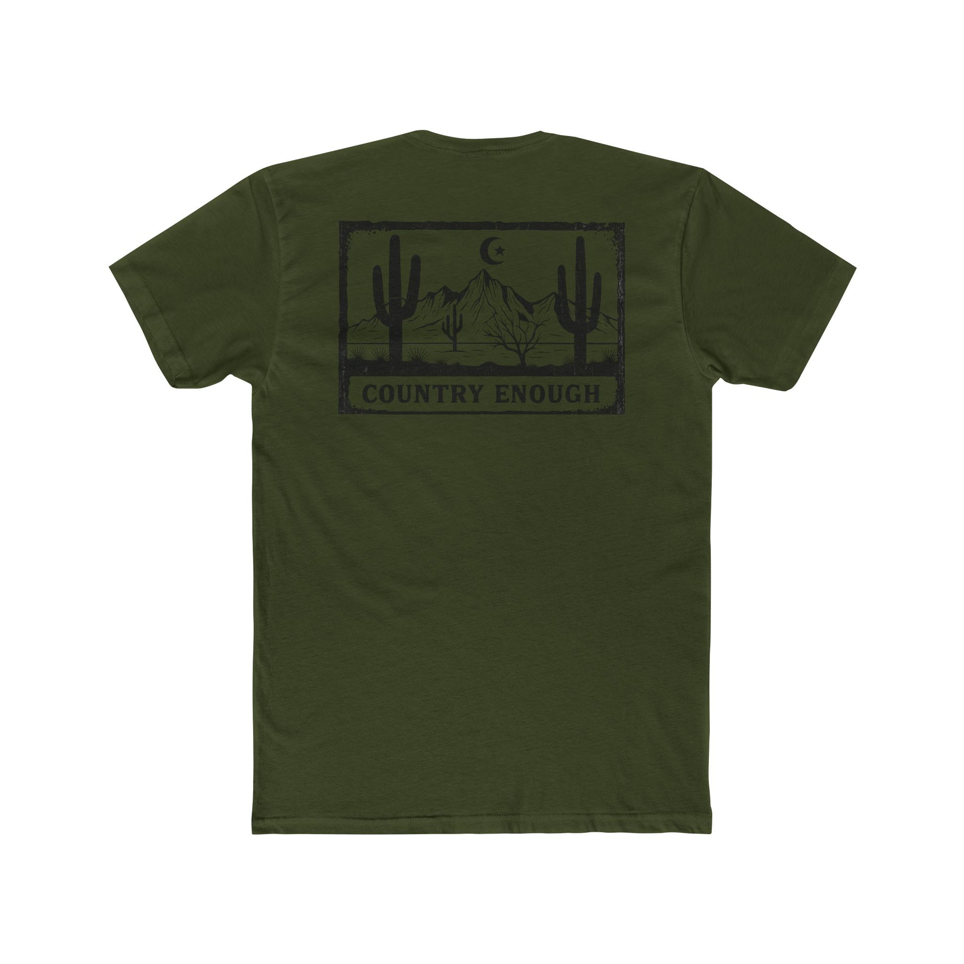 Military Green t-shirt with graphic of mountains, cacti, and moon and star over a desert landscape with words country enough #militarygreen