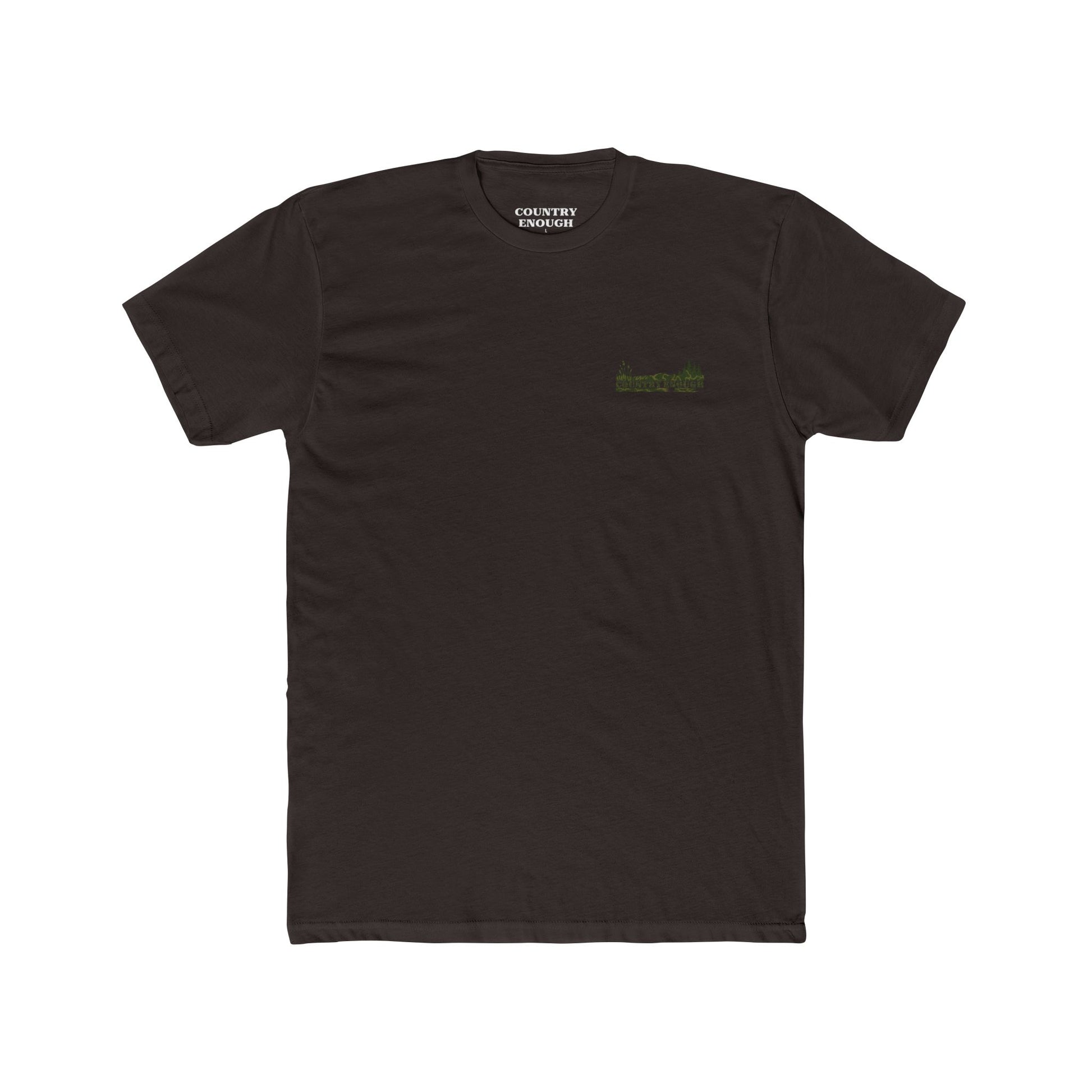Dark Brown t-shirt with flying & swimming ducks in a full camo marsh scene #darkbrown