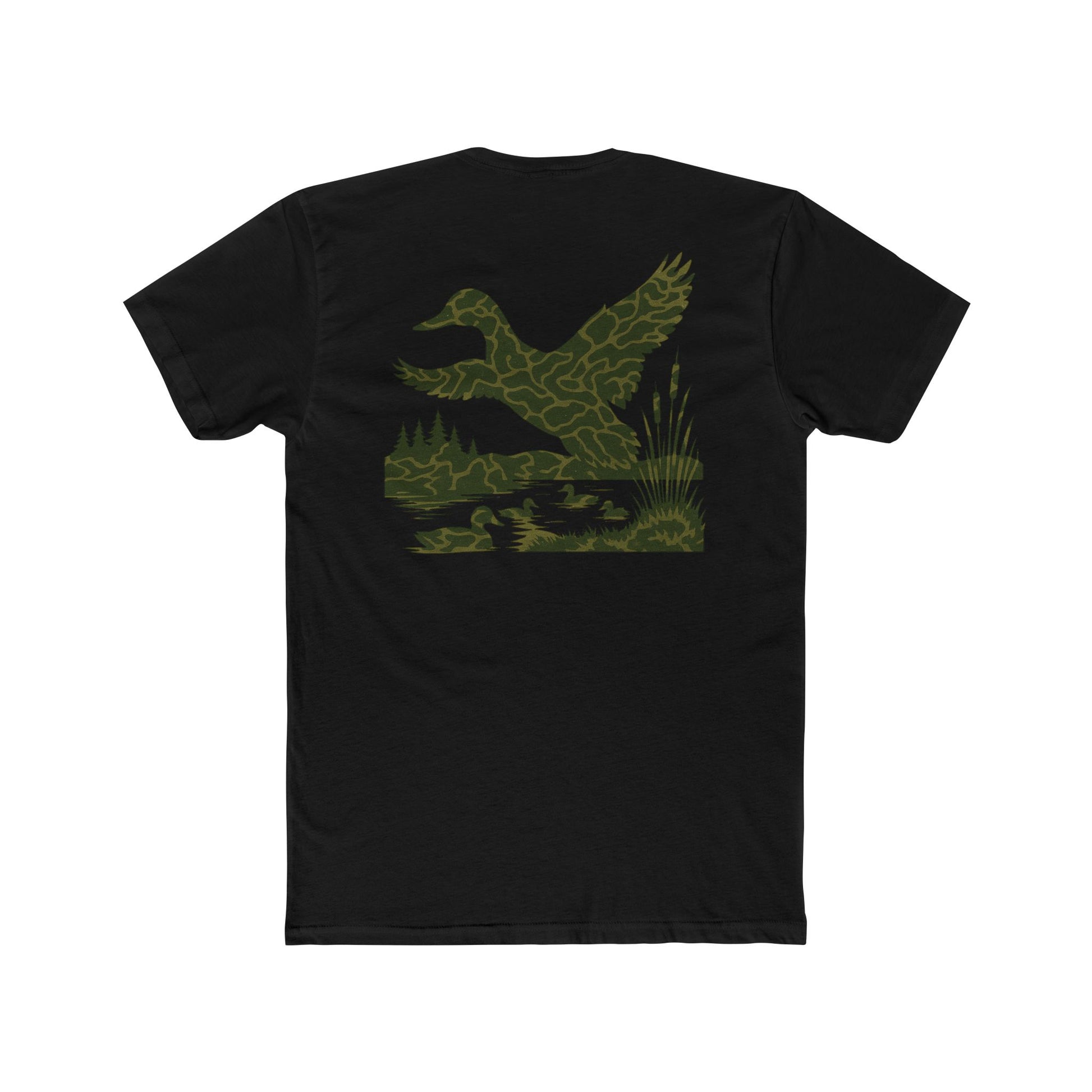Black t-shirt with flying & swimming ducks in a full camo marsh scene #black