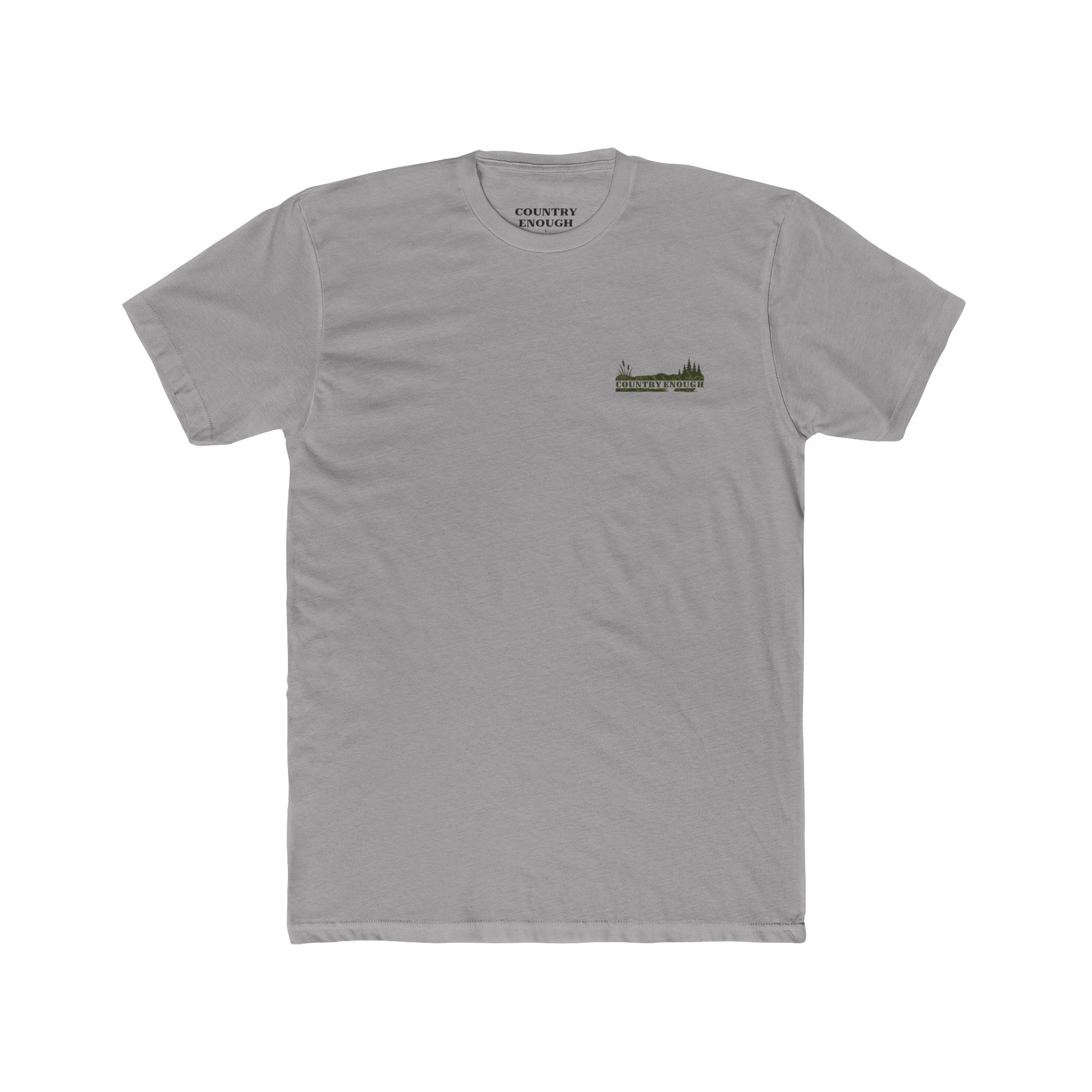 Gray t-shirt with flying & swimming ducks in a full camo marsh scene #gray