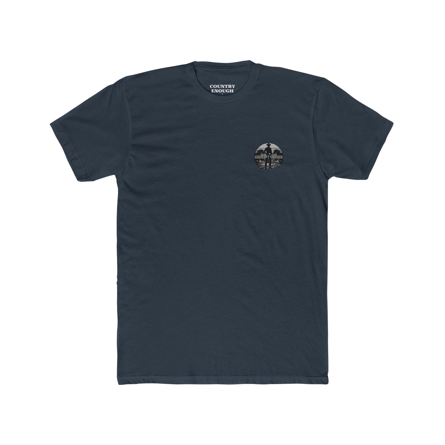 Indigo t-shirt with words country enough and rodeo, a cowboy silhouette, horses, lasso and mountains #indigo