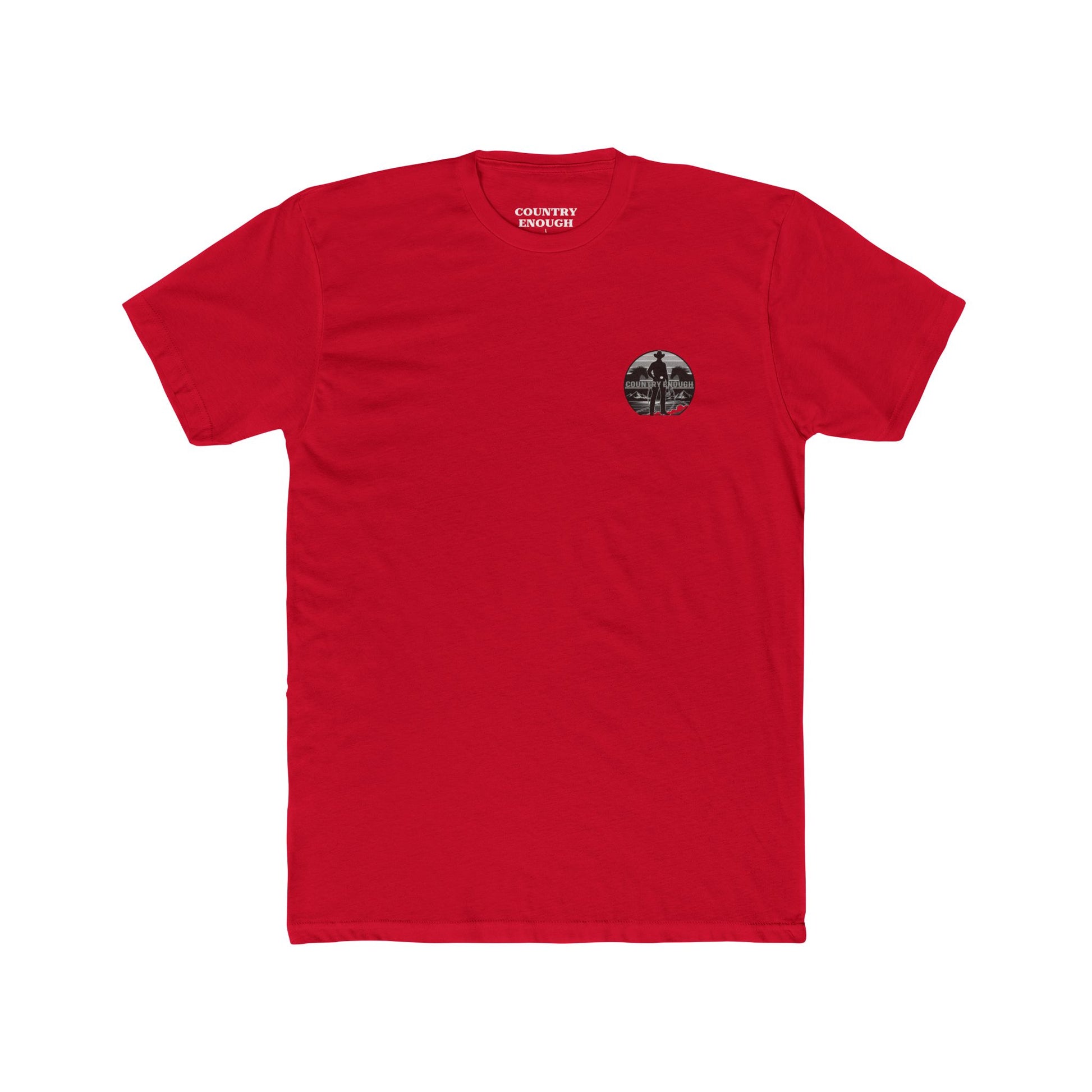 Red t-shirt with words country enough and rodeo, a cowboy silhouette, horses, lasso and mountains #red