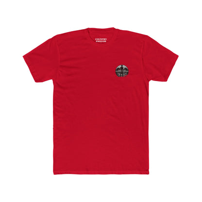 Red t-shirt with words country enough and rodeo, a cowboy silhouette, horses, lasso and mountains #red