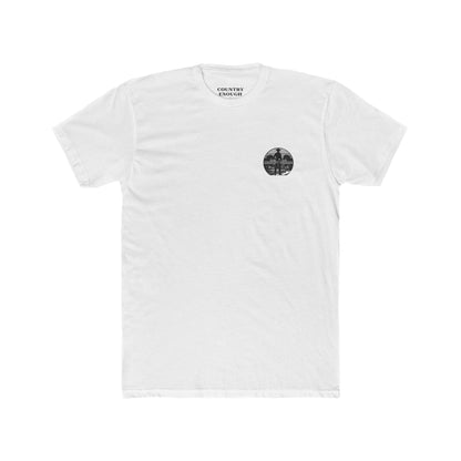 White t-shirt with words country enough and rodeo, a cowboy silhouette, horses, lasso and mountains #white