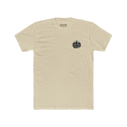 Cream t-shirt with words country enough and rodeo, a cowboy silhouette, horses, lasso and mountains #cream