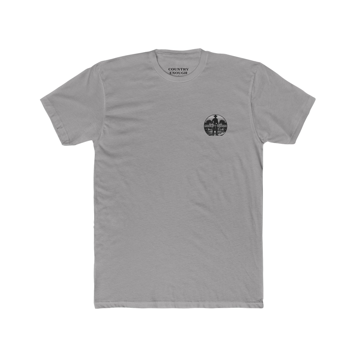 Gray t-shirt with words country enough and rodeo, a cowboy silhouette, horses, lasso and mountains #gray