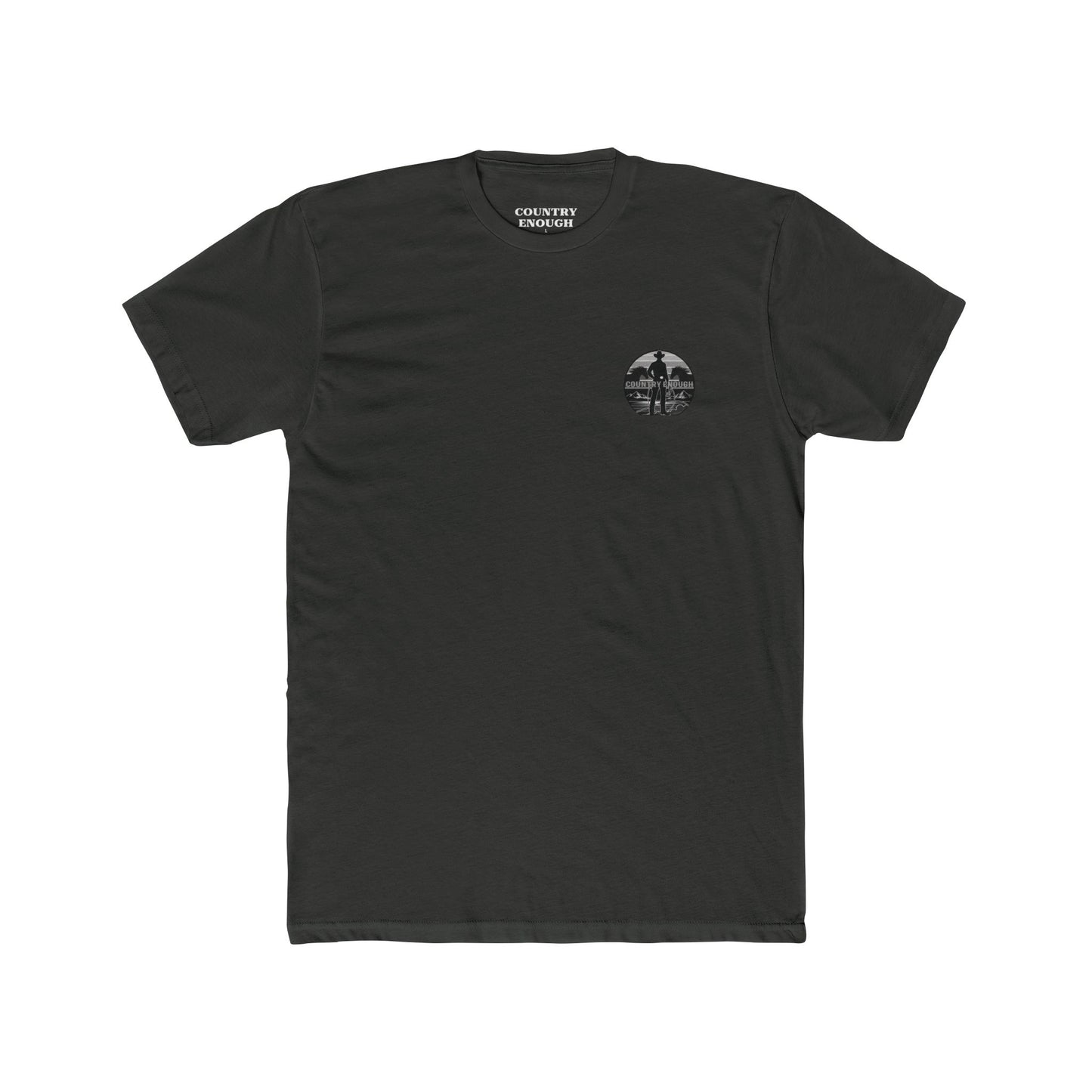 Vintage Black t-shirt with words country enough and rodeo, a cowboy silhouette, horses, lasso and mountains #vintageblack