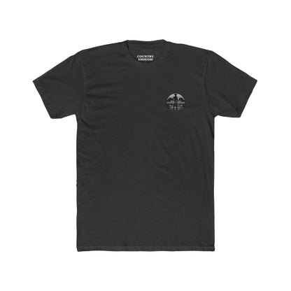 Vintage Black t-shirt with words country enough and rodeo, a cowboy silhouette, horses, lasso and mountains #vintageblack