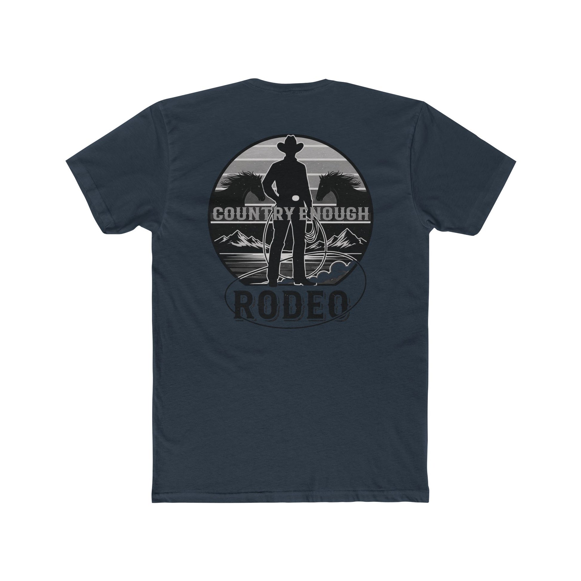 Indigo t-shirt with words country enough and rodeo, a cowboy silhouette, horses, lasso and mountains #indigo