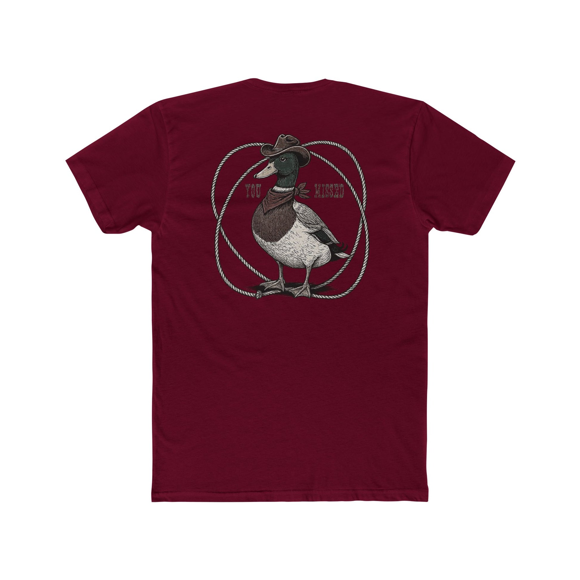 Maroon t-shirt with a graphic of a duck wearing a cowboy hat and bandana with rope border and the words you missed #maroon