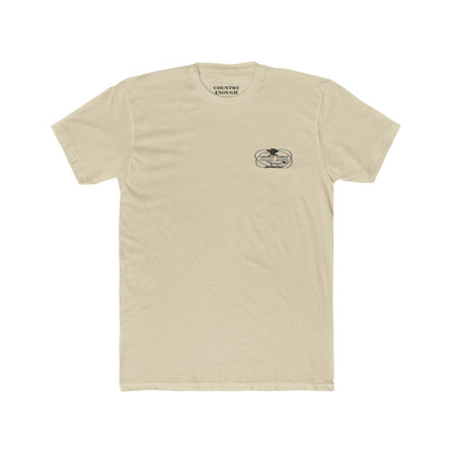 Cream t-shirt with a graphic of a duck wearing a cowboy hat and bandana with rope border and the words you missed #cream