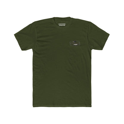 Military Green t-shirt with a graphic of a duck wearing a cowboy hat and bandana with rope border and the words you missed #militarygreen