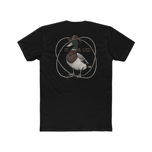 Black t-shirt with a graphic of a duck wearing a cowboy hat and bandana with rope border and the words you missed #black
